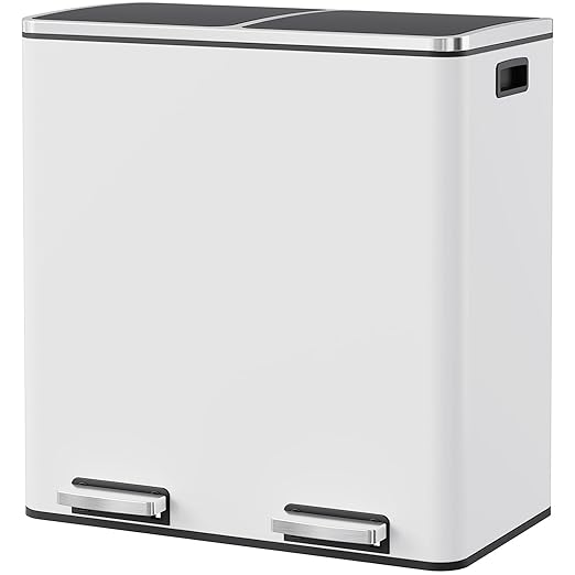 Arlopu 16 GallonStainless Steel Trash Can, 60L Dual Compartment, Metal Kitchen Step Recycle Bin, Metal Double Dustbin, in-Home Garbage Rubbish Can W/Removable Liner Buckets (White)