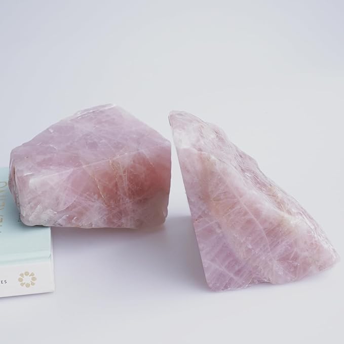 Natural Rose Quartz Bookends with Rubber Feet 4-5Lbs Heavy Duty Non-Slip Crystal Bookends 1 Pair | Raw & Polished Stone | Healing Office Decor Gift