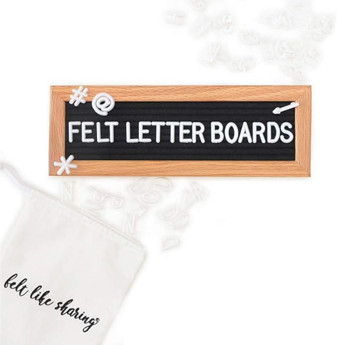Felt Like Sharing Small Letter Board (Black Felt - 10”x3.5”) – Changeable Message Board with 3 Sets of Felt Board Letters – Statement Wall Sign for Quotes, Home or Holiday Decor In Oak Frame