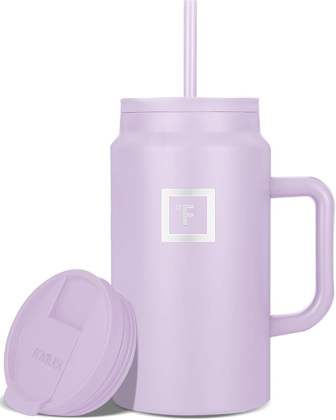 IRON °FLASK Co-Pilot Insulated Mug w/Straw & Flip Cap Lids - Cup Holder Bottle for Hot, Cold Drink - Leak-Proof - Water, Coffee Portable Travel Mug - Lavender, 50 Oz