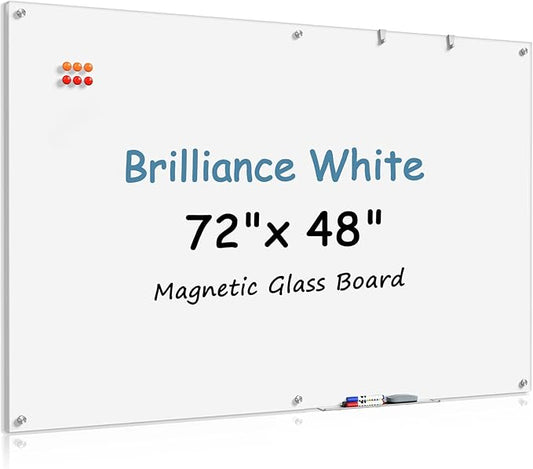 MaxGear Glass White Board 72x48 Inches Brilliance White Magnetic Dry Erase Board Wall Mounted Whiteboard, Large Frameless Whiteboard with 1 Eraser,3 Markers and 6 Magnets for Office, School, Home