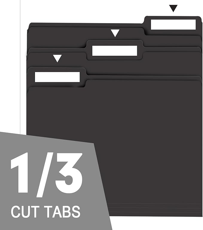 File Folder, RAZCC 100 Pack 1/3 Cut Tab File Folders Letter Size, Black Folders for Dcouments, Folders with Tab Great for Organizing and Easy File Storage