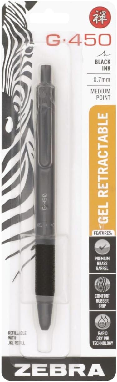 Zebra Pen G-450 Gel Pen 1-Pack, Black Ink, 0.7mm Medium Point, Black Brass Barrel, Textured Rubber Grip, Secure Metal Clip, Refillable (49511)