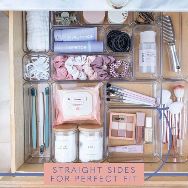 Fifteen Pieces. Plastic Clear Drawer Organizers. Bathroom, Kitchen, Bedroom, Utensils, Office Organizer Bins, Storage Trays. Heavy Duty, Stackable 5 Sizes.