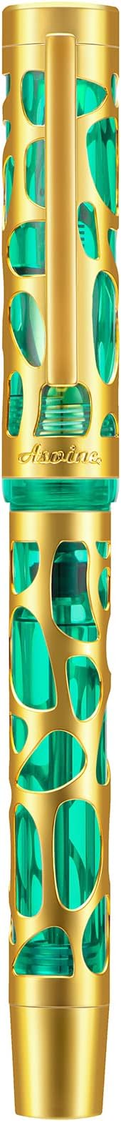 Asvine V169 Vacuum Filling Fountain Pen Iridium Fine Nib, Water Drop Skeleton Gold Trim Transparent Green Acrylic Pen Case Set