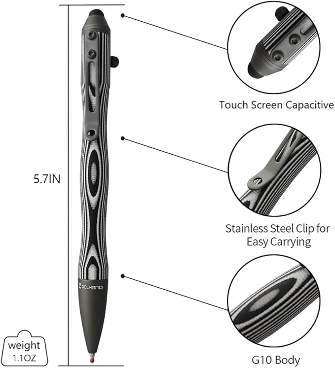 Cool Hand 5.7'' Bolt Action Pens, EDC Ballpoint Ink Refillable, Stylus for Touch Screen, G10 Body w/Pocket Clip, Ergonomic Grip, with a Free Refill, 5375-Z
