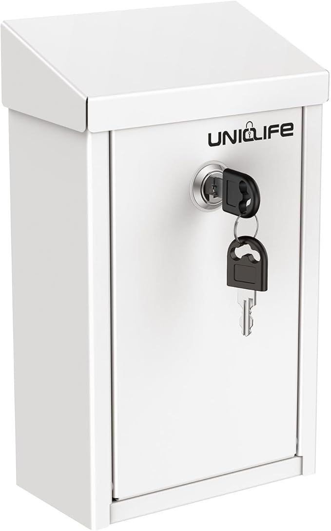 Uniclife Key Drop Box for Outside, White Metal Donation Box Collection Box with Key Lock, Safe Suggestion Box, Wall Mounted Mailbox with Top Slot, Steel Cash Drop Box for Home Office and Business