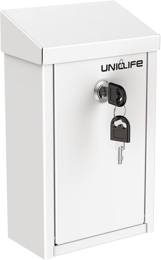 Uniclife Key Drop Box for Outside, White Metal Donation Box Collection Box with Key Lock, Safe Suggestion Box, Wall Mounted Mailbox with Top Slot, Steel Cash Drop Box for Home Office and Business