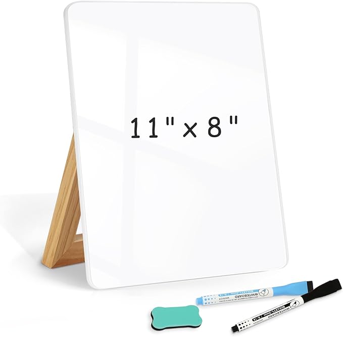 WALGLASS Desktop Glass White Board 11"x 8" with Reversible Wood Stand, Small Dry Erase Board, Portable Whiteboard for Desk, Reusable Desk Notepad with 2 Markers&Eraser for Home, Office