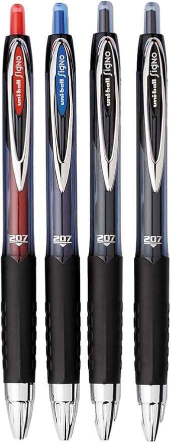 Signo 207 Roller Ball Retractable Gel Pens, Medium Point (0.7mm), Black Blue And Red Ink, 4 Count, Bundle with Plastic Reusable Pouch