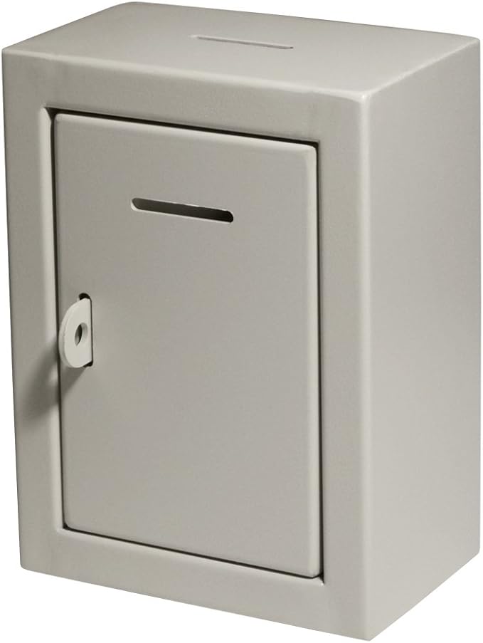 Metal Charity Collection Box Secure with Slot & Wall Mount - 8.5x6.5x4" Drop Box for Home and Office (White)