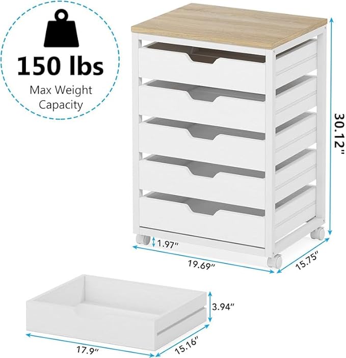 Tribesigns 5 Drawer Chest, Wood Storage Dresser Cabinet with Wheels, Industrial Storage Drawer Organizer Cart for Office Bedroom Entryway (White, 1 PC)