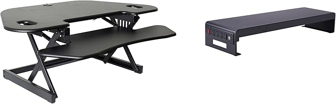 Rocelco 46" Height Adjustable Corner Standing Desk Converter with AC Outlet USB Charger and Dual Stand - Tabletop Computer Riser Workstation - Large Keyboard Tray - Black (R CADRB-46-ACUSB-DMS)