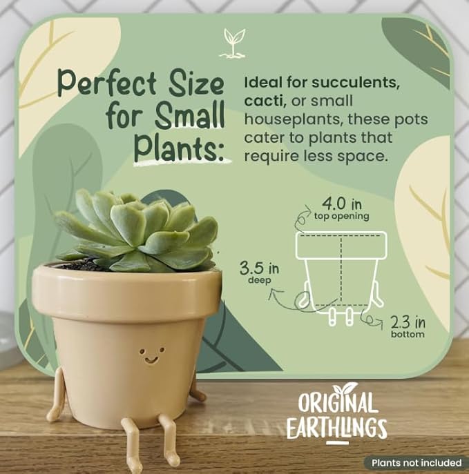 Original Earthlings Sitting Small Plant Pot - 3.5 Inch Cute Plant Pot - Succulent & Cactus Christmas Planters, Removable Drainage Plug, Cute Decor Plant Gifts for Plant Lovers, Teacher Gifts