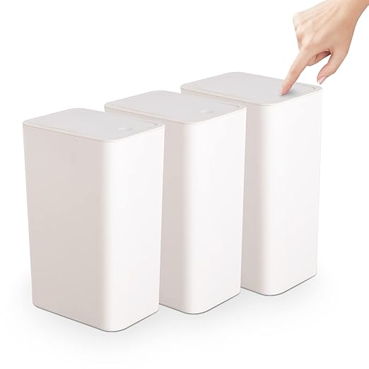 TrashAid 3 Pack Bathroom Trash Can with Lid, 2.6 Gallon / 10 Liter Small Garbage Can with Press Top Lid, Plastic Wastebasket with Pop-up Lids for Toilet, Office, Bedroom, Living Room, White