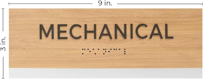 Mechanical Sign With Braille/Small Business Easy Adhesive Mount Door And Wall Sign / 3" x 9" Oak Woodgrain Design