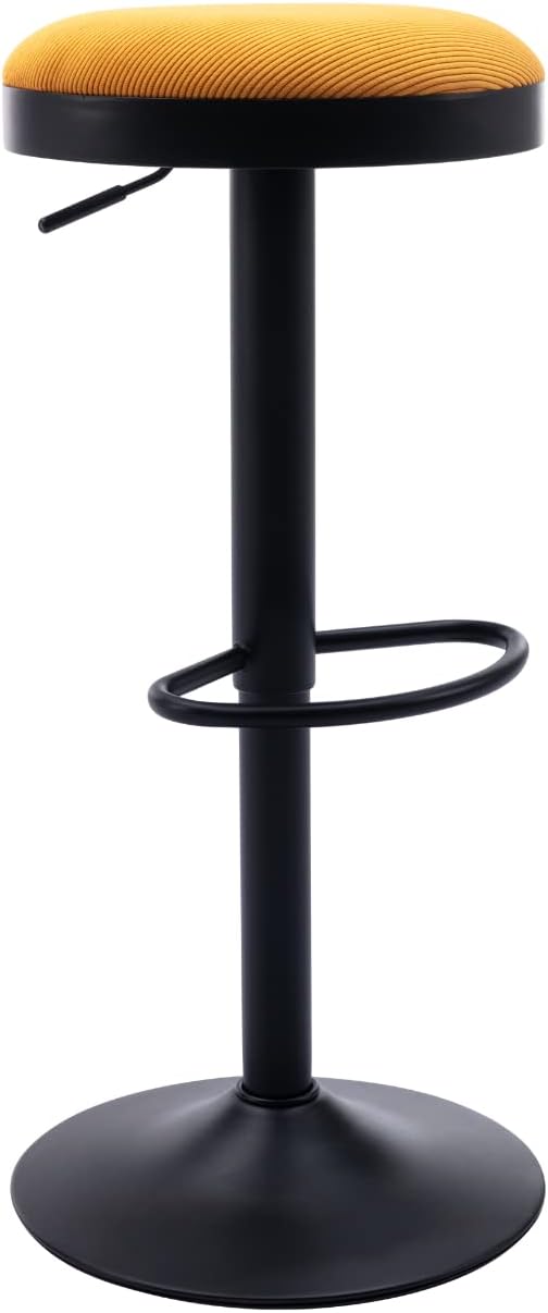 Round Swivel Counter Height Bar Stools Set of 1 Modern Adjustable Barstools Backless Corduroy Bar Chairs Industrial Island Chairs with Metal Base/Footrest for Kitchen Island/Pub, Yellow