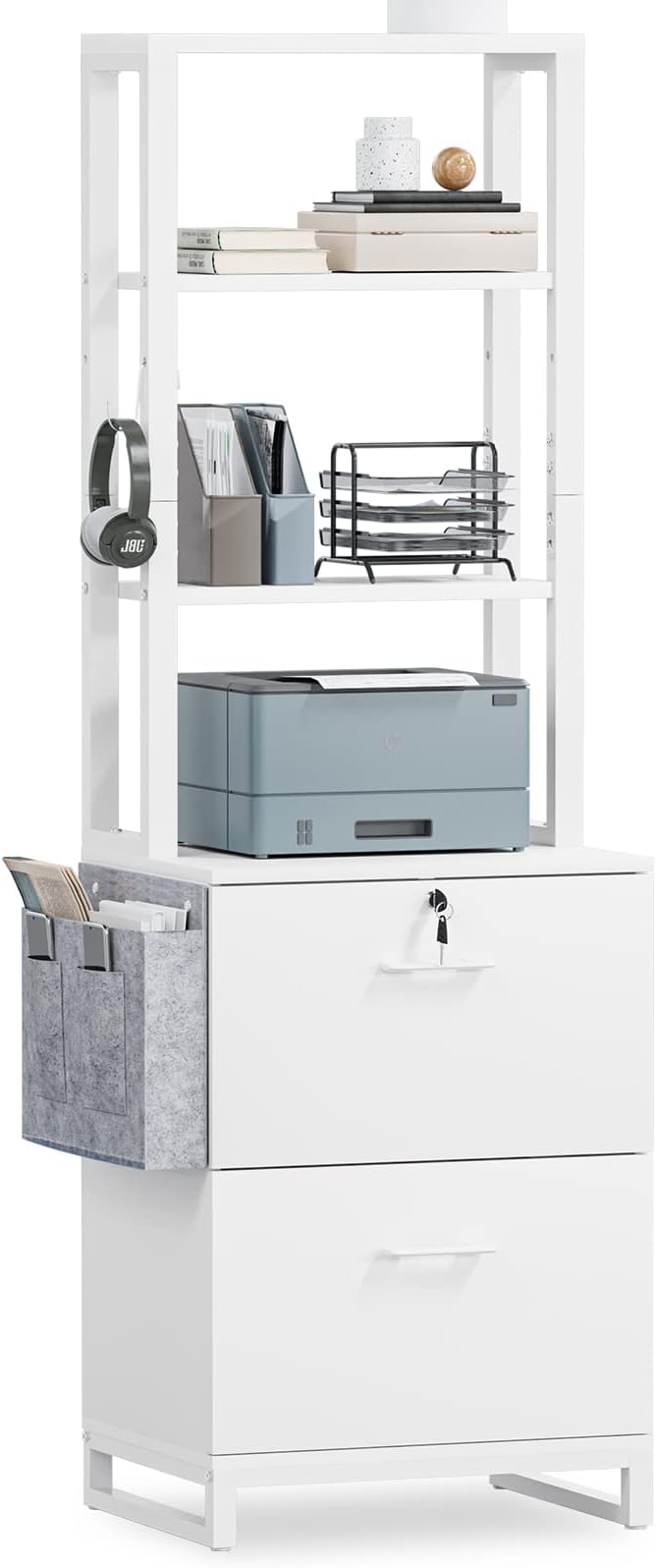 Itaar 2 Drawer File Cabinet, Filing Cabinet with Lock fits Letter, Legal, A4 Size, File Cabinets for Home Office with Storage Bag, Open Shelf and Hook, White