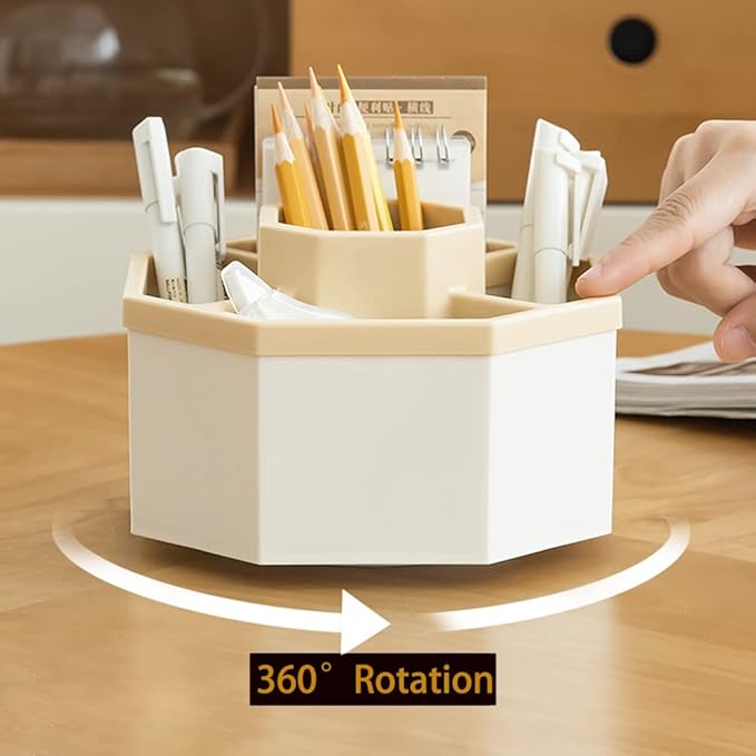 Desk Organizer, 360-Degree Rotating Multi-Functional Pen Holder, 5 Compartments Desktop Stationary Organizer, Home Office Art Supply Storage Box Caddy (White+Yellow)