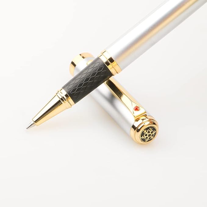 Stunning Luxury Rollerball Pen with 24K Gold Trim,Switzerland Tip with Black Ink Refills,Perfect Roller Ball Point Pen Gift for Men Women,Fancy Writing Set for Business,Fog Chromium