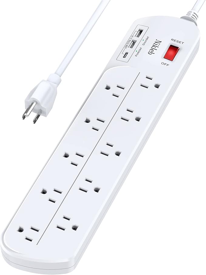 Long Power Strip, Multi Plug Outlet Extender Nikleb with 10 Outlets, Heavy Duty Extension Cord with 2 USB+1 Type C Ports, USB Plug Adapter Surge Protector for House, Garage, Patio, Basement