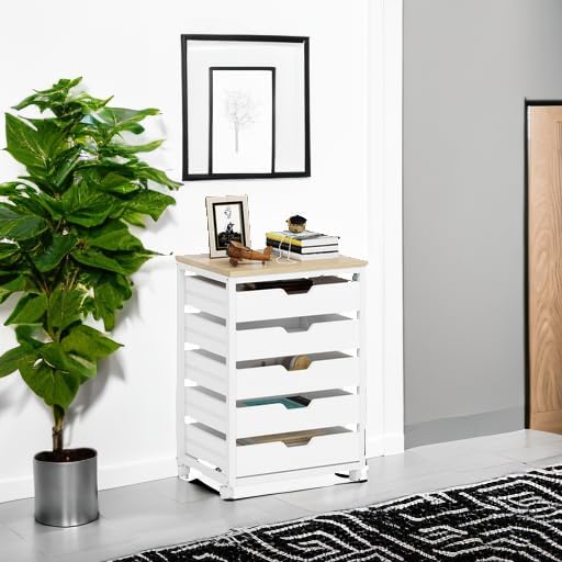 Tribesigns 5 Drawer Chest, Wood Storage Dresser Cabinet with Wheels, Industrial Storage Drawer Organizer Cart for Office Bedroom Entryway (White, 1 PC)