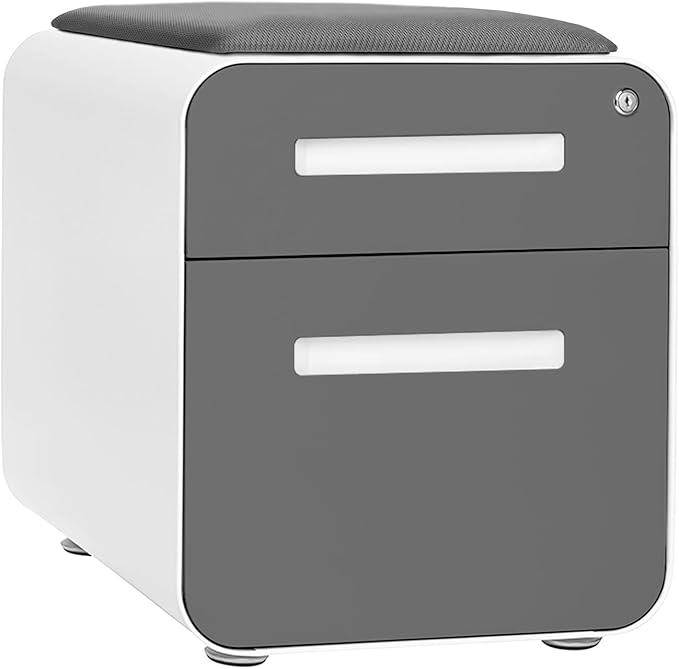 Laura Davidson Furniture STOCKPILE Mini Seated 2 Drawer Mobile File Cabinet with Removable Magnetic Cushion Seat - Short Version, Metal Filing Cabinet, Pre-Assembled, Dark Grey Face with Grey Cushion