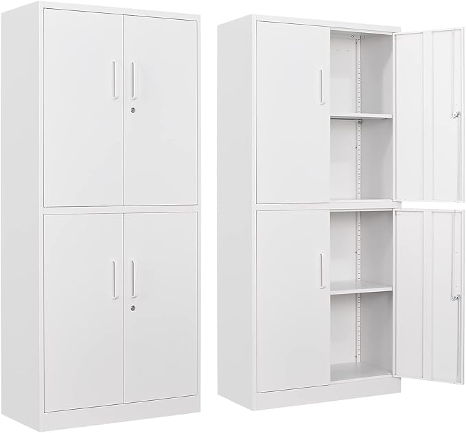 STANI Metal Storage Cabinet, Locking Steel Cabinet With 4 Doors and 2 Adjustable Shelves, 71" Lockable File Cabinet for Home Office, Garage, School (White)