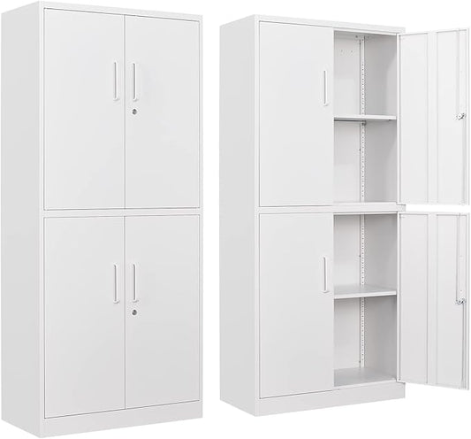 STANI Metal Storage Cabinet, Locking Steel Cabinet With 4 Doors and 2 Adjustable Shelves, 71" Lockable File Cabinet for Home Office, Garage, School (White)