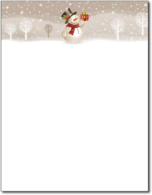 Snowman with Present Christmas Paper - 80 Sheets - Snowy Trees & Gift Design for Christmas Letters, Party Invitations & Seasonal Greetings - 8.5 x 11 - Works with Inkjet & Laser Printers