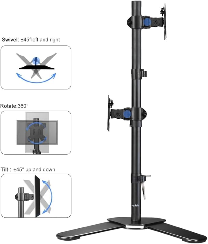 Suptek Dual LED LCD Monitor Stand up Free-Standing Desk Mount for 2 / Two Screens up to 32 inch Extra Tall 31.5 inch Pole Heavy Duty Fully Adjustable Stand Vertical Array (ML6802)