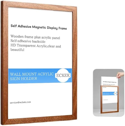 Wall Mount Acrylic Sign Holder Self Adhesive Magnetic Display Frame Clear Document Frame for Office, Store, School, Home, Wall Picture Frame (Sapele Wood A3 297×420mm/11.69×16.54inches)