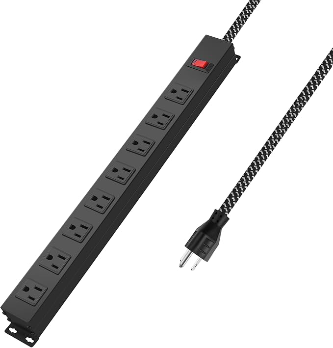 Metal 8 Outlet Mountable Power Strip with Switch,Wide Spaced Heavy Duty Wall Mount Power Strip Surge Protector 1200J,10FT 14AWG Braided Cord 15A 125V 1875W for Home Office Industrial Garage Commercial