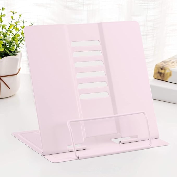 MSDADA Book Stand Metal Reading Rest Book Holder Adjustable Cookbook Documents Holder Portable Bookstands for Recipes Textbooks with Page Clips Birthday Gifts for Girls Mom Students(Macaron Pink)