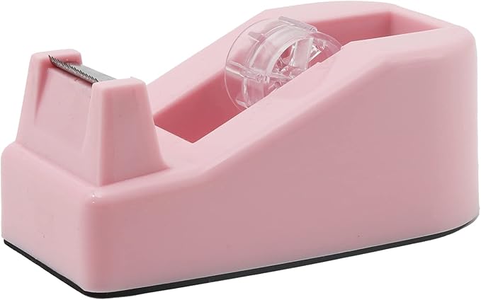 Desktop Tape Dispenser Heavy Duty Desk Accessories Floral Office Tape Dispensers, Weighted Non-Skid Base, Macaron Pink