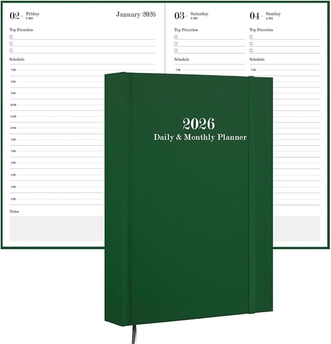 2026 Daily & Monthly Planner - 2026 Daily Planner One Page Per Day from January 2026 to December 2026, 5.8'' x 8.3'' Hourly Appointment Book Perfect Organizer Daily Life, Fabric Cover, Green