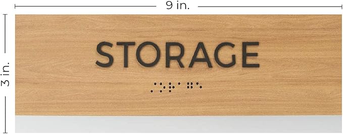 Storage Sign With Braille/Small Business Easy Adhesive Mount Door And Wall Sign / 3" x 9" Oak Woodgrain Design