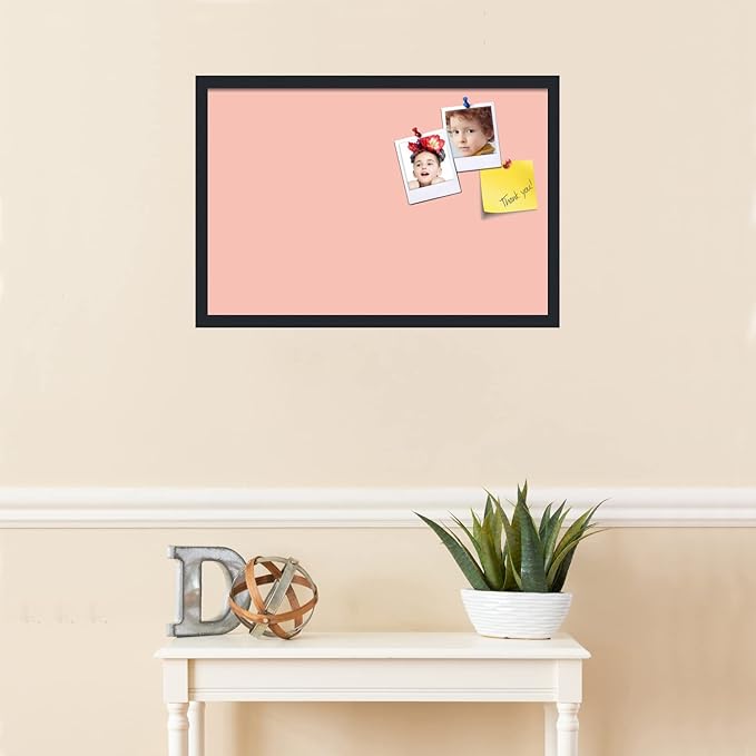 PinPix 27x18 Inch Cork Bulletin Board. This Decorative Framed Pin Board Comes with Pink Pastel Design and a Satin Black Frame. Ideal for Home Office Decor or Message Board (PinPix-1813)