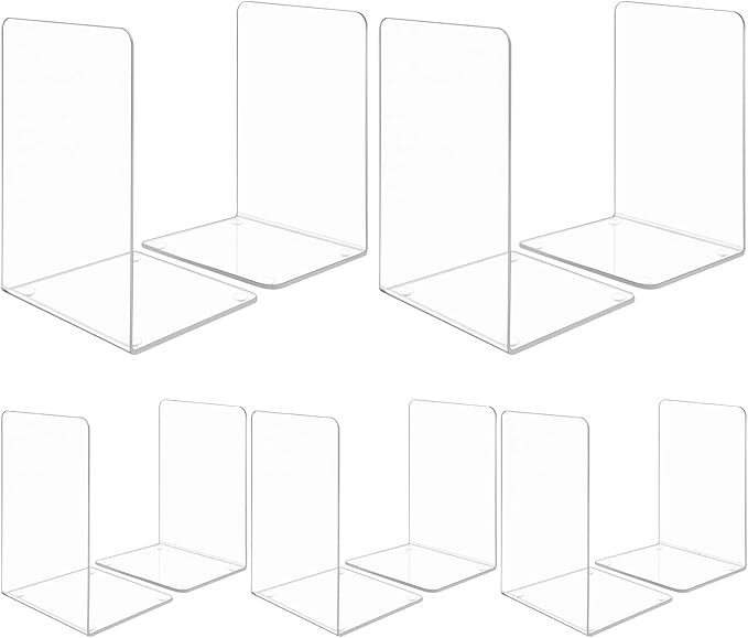 10 Pieces Book Ends, Clear Acrylic Bookends for Shelves, Heavy Duty Book Holders, Non Skid Decorative Bookends for School, Library, Bedroom, Office (7.28 x 4.7 x 4.7in)