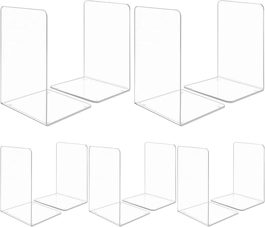 10 Pieces Book Ends, Clear Acrylic Bookends for Shelves, Heavy Duty Book Holders, Non Skid Decorative Bookends for School, Library, Bedroom, Office (7.28 x 4.7 x 4.7in)