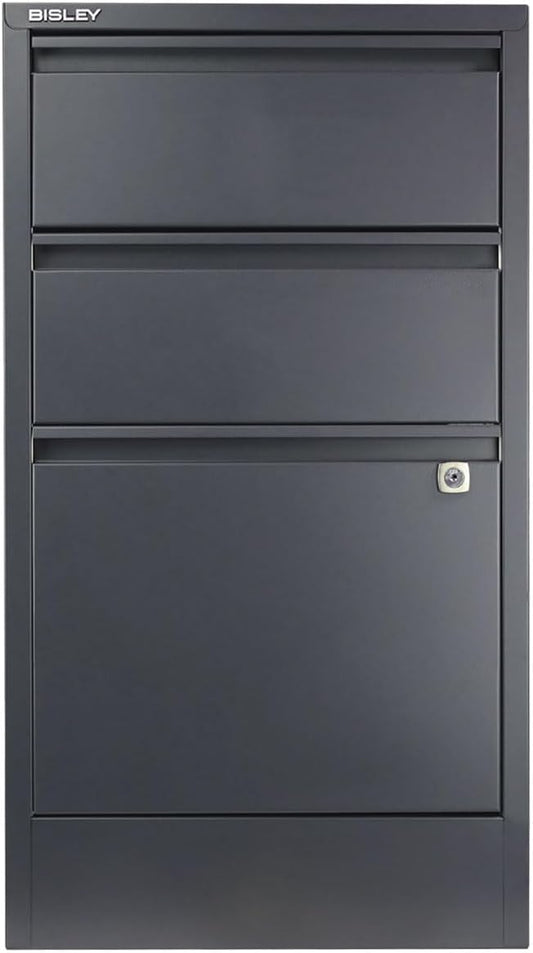 Bisley 3-Drawer Flush Front Vertical File Cabinet - Anthracite Grey, 2 Utility Drawers + 1 Hanging File Drawer, Powder-Coated Steel, Locking Bottom Drawer