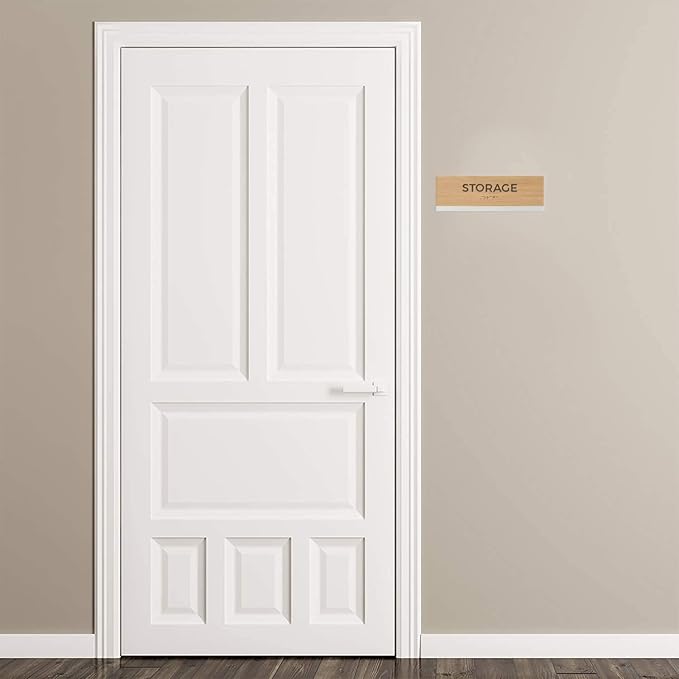 Storage Sign With Braille/Small Business Easy Adhesive Mount Door And Wall Sign / 3" x 9" Oak Woodgrain Design