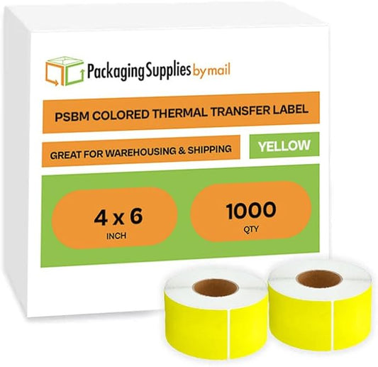 PSBM Thermal Transfer Labels, Yellow, 4x6 Inch, 4 Rolls, 1000 Labels/Roll, 3 Inch Core, Perforated, Must Have Thermal Ribbon (Not Included)