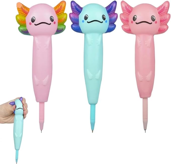 Axolotl 8” Squishy Pen 3 Pack – Office, School- Fun Squishy Pens- Anxiety, ADHD, Party Favors, Prizes, Office