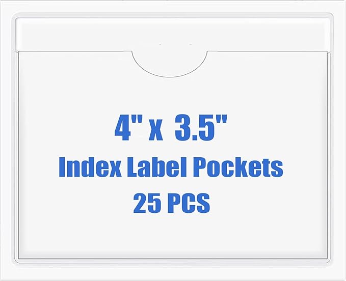 Origin-Joy 25 PCS Self-Adhesive Index Label Pockets, Clear Plastic Peel & Stick Card Holders with Top Open for Loading (4 x 3.5 inch)