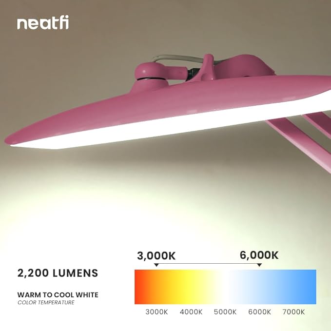 Neatfi XL 2,200 Lumens LED Task Lamp, 20W, 182 Pcs SMD LED, Dimmable, 4 Level Brightness, 3 Light Modes, Desk Light for Home, Office, Workbench (CCT, Pink)