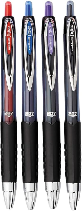 Signo 207 Roller Ball Retractable Gel Pens, Medium Point (0.7mm), Black Blue Red And Purple Ink, 4 Count, Bundle with Plastic Reusable Pouch
