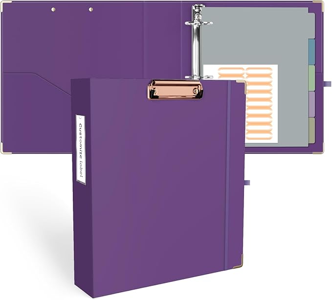 Ospelelf 3 Ring Binder, 2 Inch, Cute Letter Size (11" x 8.5") with 5 Tab Dividers, File Folder Labels and Low Profile Clipboards, Purple Binder for School and Office Supplies