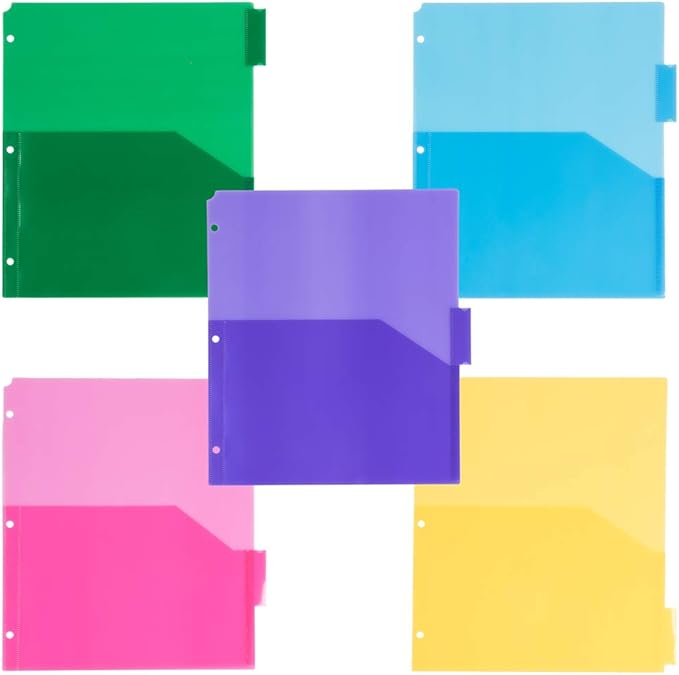 JAM PAPER Plastic Index 5-Tab Dividers w/Double Pockets - 9 3/4 x 11 1/2 - Assorted Multi-Color - 6 Packs of 5 Tabs/Set