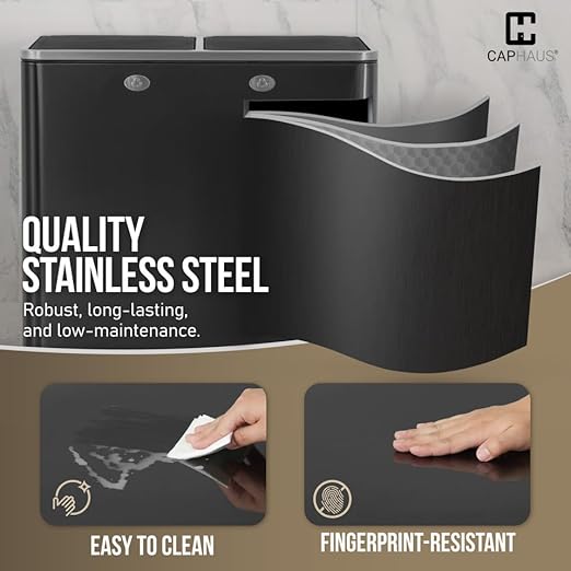 CAPHAUS Black Dual Trash Can w/Double Lid, Trash & Recycle Bins Combo, Hands-Free Stainless-Steel Garbage Can for Kitchen, with 2 Compartment, Hinged Lid, Odor Filters, Handles, 25L+25L, 2 x 6.6 Gal